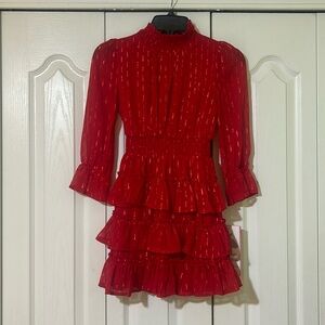 Girls' Red Tiered Ruffle Party Dress with Metallic Accents